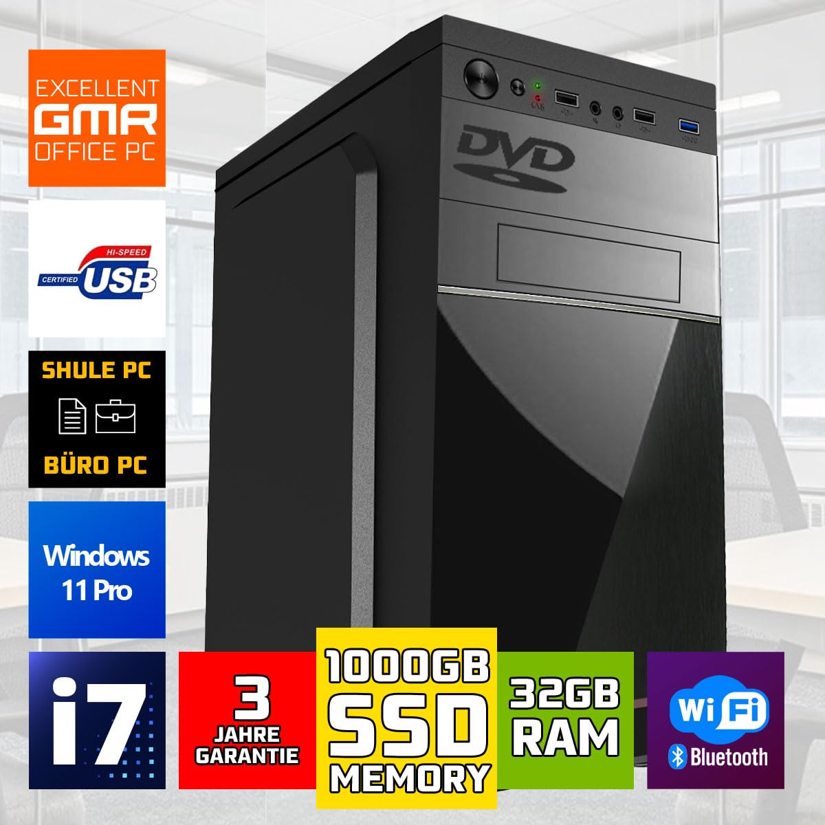 Intel i7 - Business Office Multimedia Computer mit 3 Jahre Garantie! | 32 GB RAM | 1000GB SSD | USB 3.0 | Windows 11 Prof. 64-Bit | WiFi 600 und Bluetooth 5