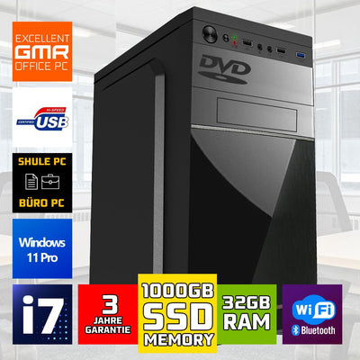 Intel i7 - Business Office Multimedia Computer mit 3 Jahre Garantie! | 32 GB RAM | 1000GB SSD | USB 3.0 | Windows 11 Prof. 64-Bit | WiFi 600 und Bluetooth 5