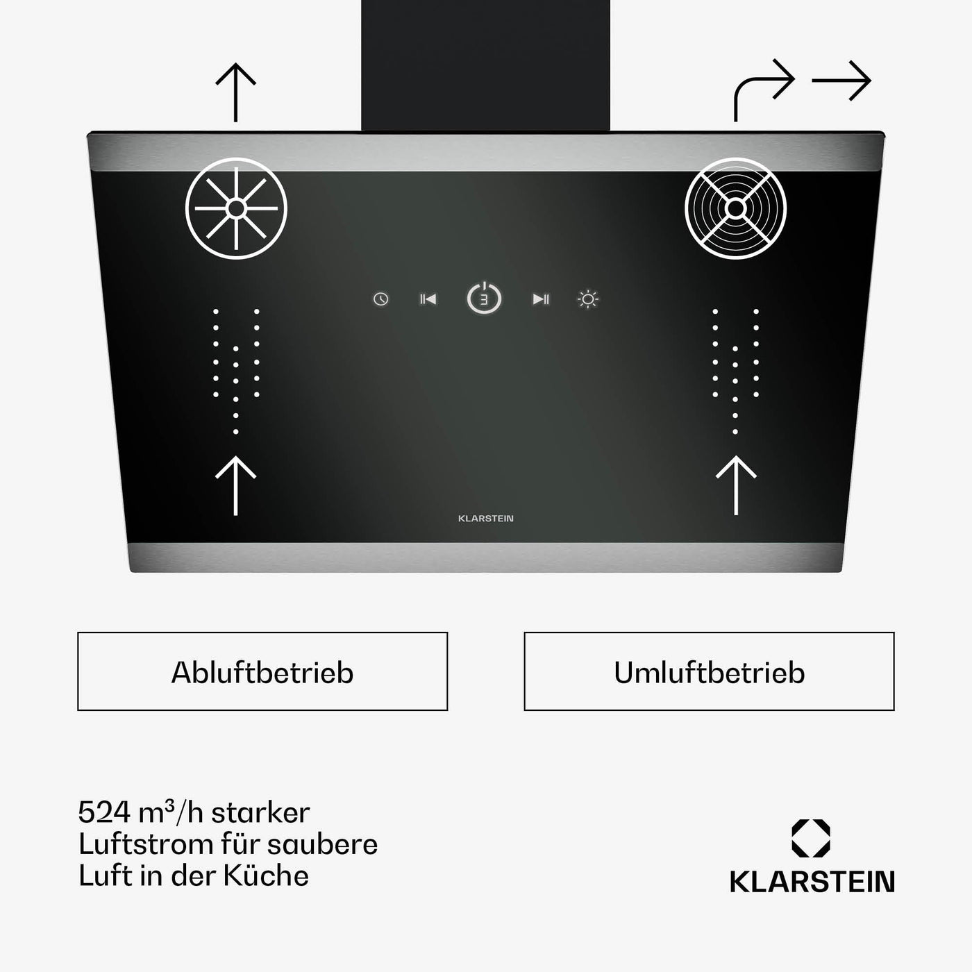 Klarstein FlashLine Dunstabzugshaube – 60 cm Kopffreihaube, Touchscreen, 524 m³/h, A++ Energieeffizienz, LED-Beleuchtung, leise 34,5 dB, Schwarz, Abluft- und Umluftbetrieb