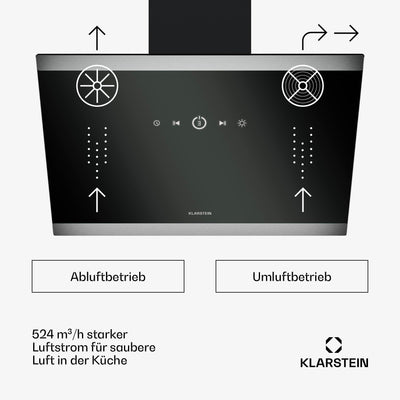 Klarstein FlashLine Dunstabzugshaube – 60 cm Kopffreihaube, Touchscreen, 524 m³/h, A++ Energieeffizienz, LED-Beleuchtung, leise 34,5 dB, Schwarz, Abluft- und Umluftbetrieb