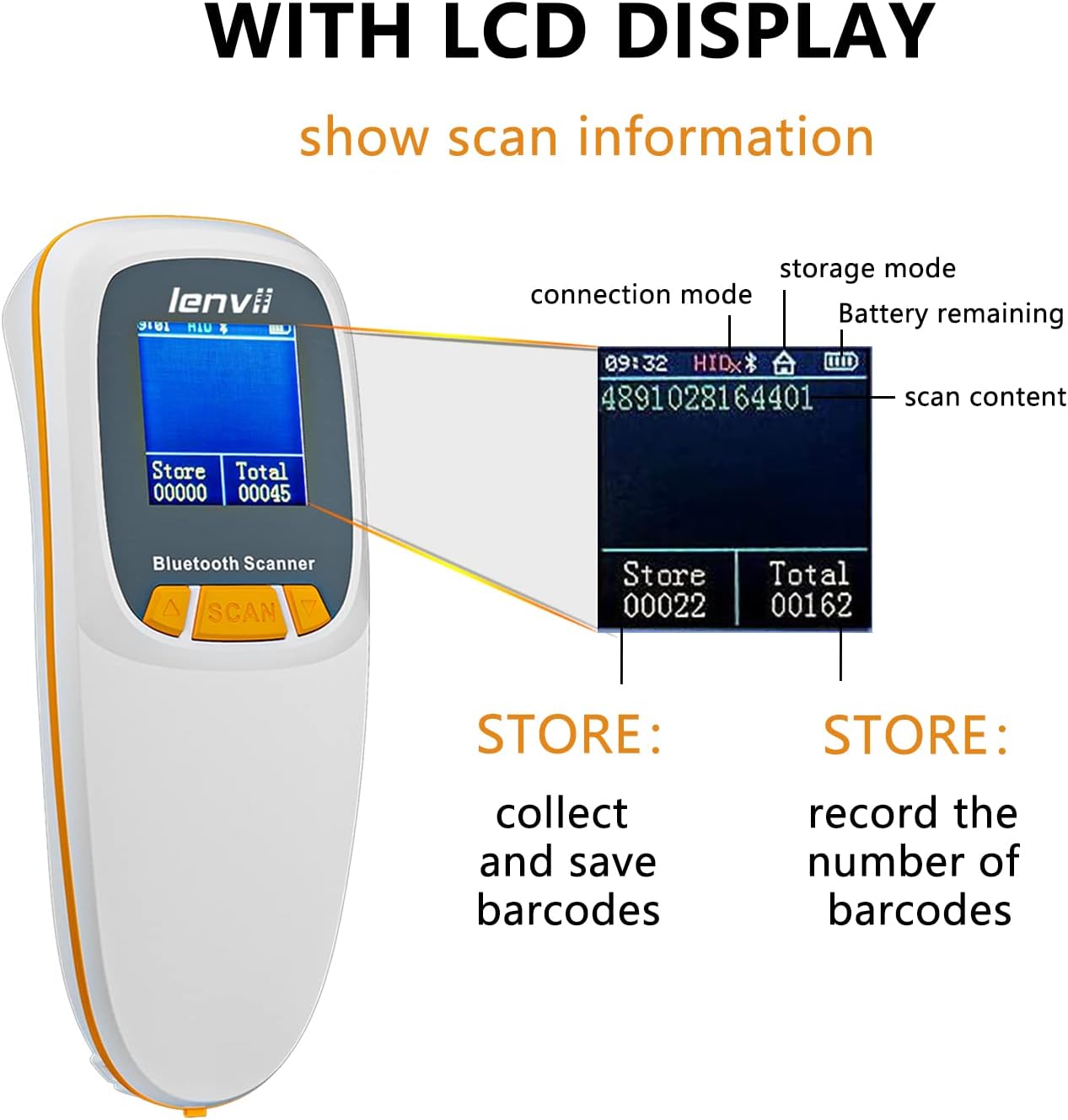 LENVII Mini Wireless Barcode Scanner Bluetooth 3-in-1 Portable Barcode Reader kabellos 1D/2D/QR Code Scanner mit Display Barcode Leser WIN/Android/iOS für Geschäft, Supermarkt, Lager(Weiß)