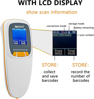 LENVII Mini Wireless Barcode Scanner Bluetooth 3-in-1 Portable Barcode Reader kabellos 1D/2D/QR Code Scanner mit Display Barcode Leser WIN/Android/iOS für Geschäft, Supermarkt, Lager(Weiß)