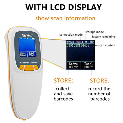 LENVII Mini Wireless Barcode Scanner Bluetooth 3-in-1 Portable Barcode Reader kabellos 1D/2D/QR Code Scanner mit Display Barcode Leser WIN/Android/iOS für Geschäft, Supermarkt, Lager(Weiß)