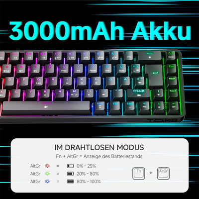 TMKB T68 Gaming Tastatur,60% Kabellos Mechanische RGB Tastatur mit Bluetooth/2.4G/Typ-C,Compact 68 Tasten Anti-Ghosting,Deutsches QWERTZ Layout,Blue Clicky Switch,Schwarz