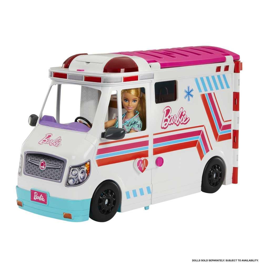 Barbie 2-in-1-Krankenwagen Spielset, Rettungswagen mit Lichtern und Geräuschen, umwandelbar in Pflegeklinik, 20 Puppenzubehör, Spielzeug ab 3 Jahren, HKT79