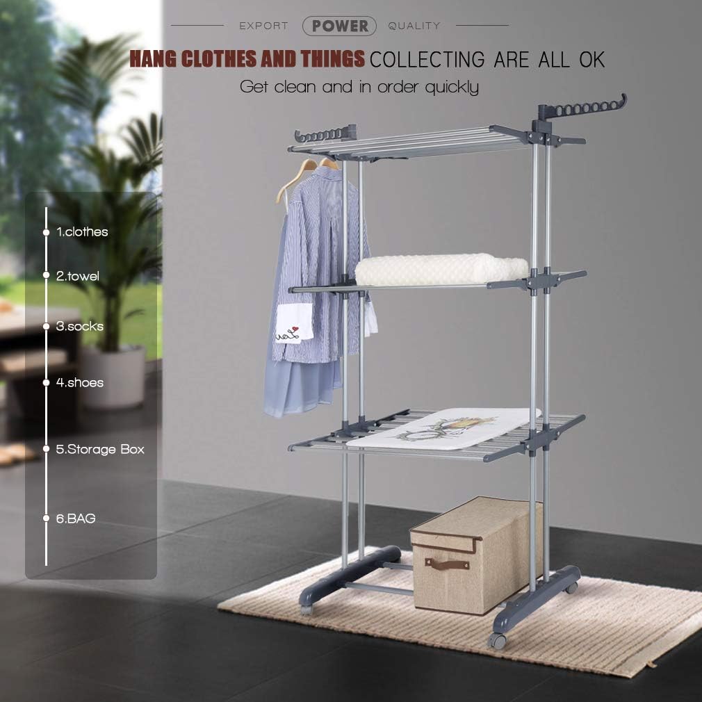 johgee Platzsparend und Praktisch Turmwäscheständer 172CM hoch Wäscheständer - innen mit faltbaren Flügeln， mit 4 Rollen - Davon 2 mit Feststellbremse