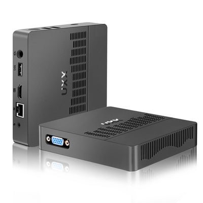UXX Mini PC Unterstützung 512GB M.2 SSD Erweiterung, N3350 Micro Desktop Computer 64GB eMMC, Gaming PC 4K UHD Dual Display, BT, 2.4/5G WiFi, USB 3.0, HDMI für Büro/Home (Grau)