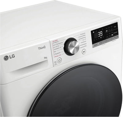 LG F2V7SLIM9, Klasse A, Waschmaschine Slim 9 kg, 60x47.5x85 cm, Wi-Fi, AI Direct Drive, Tiefenreinigung mit Dampf, TurboWash 360°, Außentür aus Gehärtetem Glas, Weiß mit Schwarzem Bullaugenring