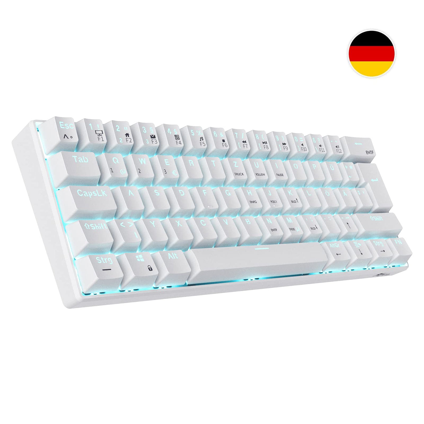 RK ROYAL KLUDGE RK61-DE 60% Bluetooth/kabelgebundene / 2.4Ghz kabellose mechanische Tastatur, 61 Tasten, Hot-Swap-fähige Blaue Schalter Gaming-Tastatur für Win/Mac, Weiß, QWERTZ Deutsches Layout