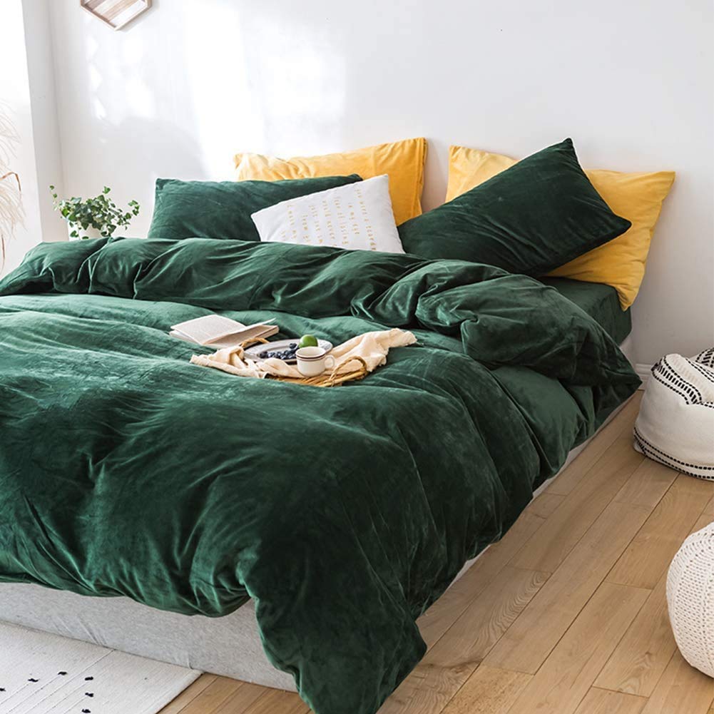 Lanqinglv Winter Bettwäsche 135x200cm Biber Dunkelgrün Grün Samtweichem Plüsch Flanell Unifarben Bettbezug mit Reißverschluss und 1 Kissenbezug 80x80cm
