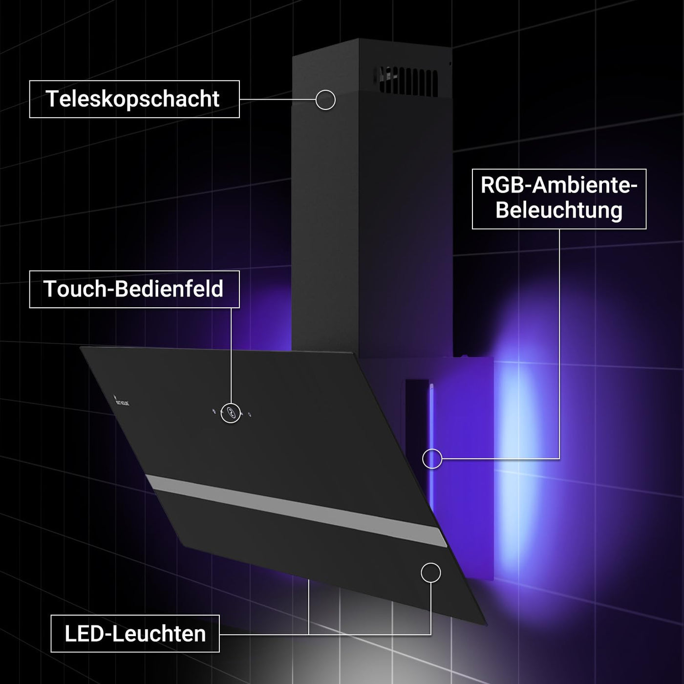 KKT KOLBE Dunstabzugshaube 90 cm | Wandhaube Kopffrei | Schwarz Glas | Smart WiFi App | Nachlaufautomatik | RGBW-LED | WLAN | SensorTouch Bedienung | EASY909SHCM