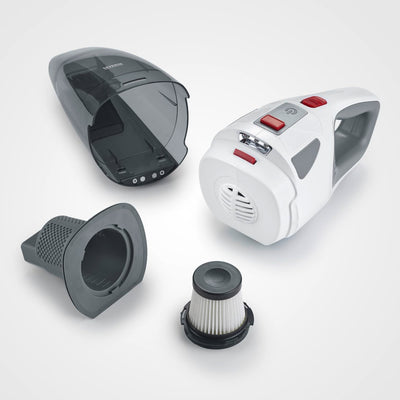 SEVERIN 4-in-1 Akku-Handstaubsauger, kabelloser Nass- & Trockensauger für Autositze, Handsauger für Tierhaare & Flüssigkeiten, bis zu 30 Min Laufzeit, weiß-grau/rot, HV 7146