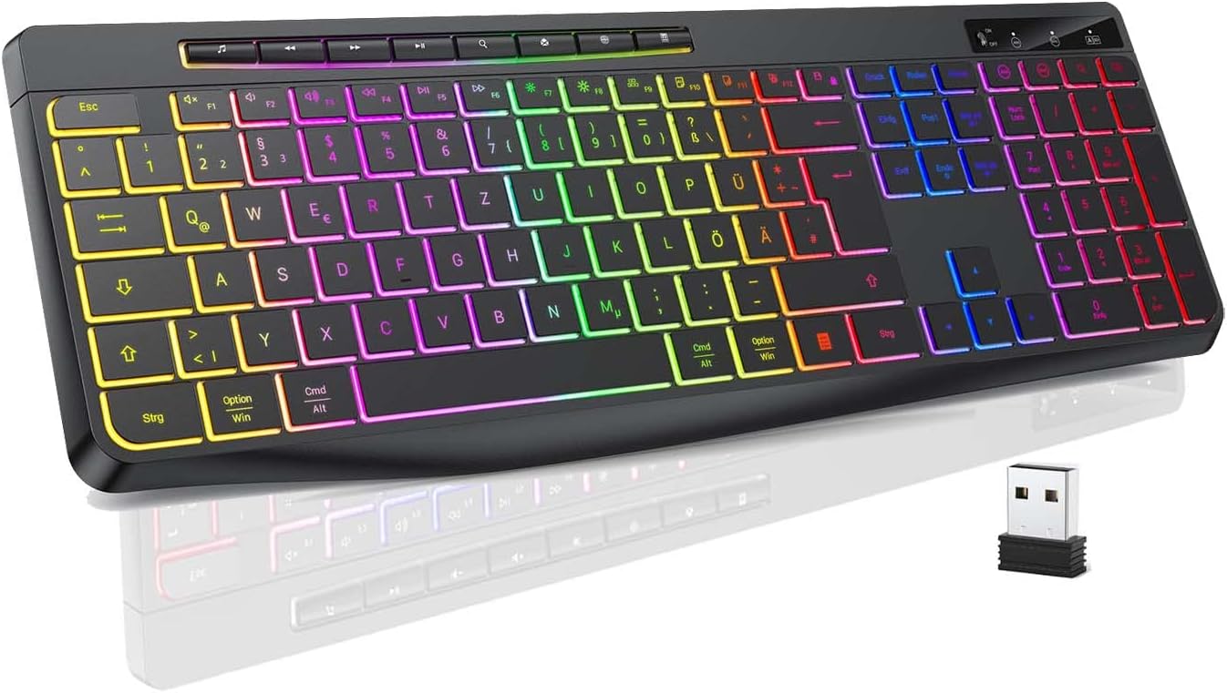 TECURS Tastatur Kabellose Gaming - Leise Tastatur QWERTZ Beleuchtet Ergonomisch Wasserdicht, 2.4Ghz Led Keyboard für Windows/Mac /PS4/ Xbox mit Multimedia-Tasten Schwarz