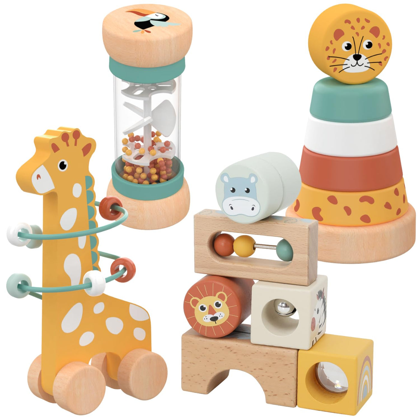 Nene Toys Spielzeug ab 1 Jahr – Montessori Baby Holzspielzeug 4-in-1 Set mit Klangbausteinen, Regenmacher, Stapelturm & Jirafa-Labyrinth – Holzbausteine Motorikspielzeug Geschenk Junge Mädchen