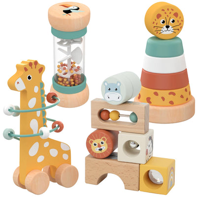 Nene Toys Spielzeug ab 1 Jahr – Montessori Baby Holzspielzeug 4-in-1 Set mit Klangbausteinen, Regenmacher, Stapelturm & Jirafa-Labyrinth – Holzbausteine Motorikspielzeug Geschenk Junge Mädchen