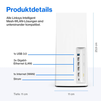 Linksys Velop MX4200 Tri-Band Mesh-WiFi 6-System (AX4200) WLAN-Router mit bis zu 260 m² Funkabdeckung, 3,5-mal schneller, für mehr als 40 Geräte – 1er-Pack, Weiß