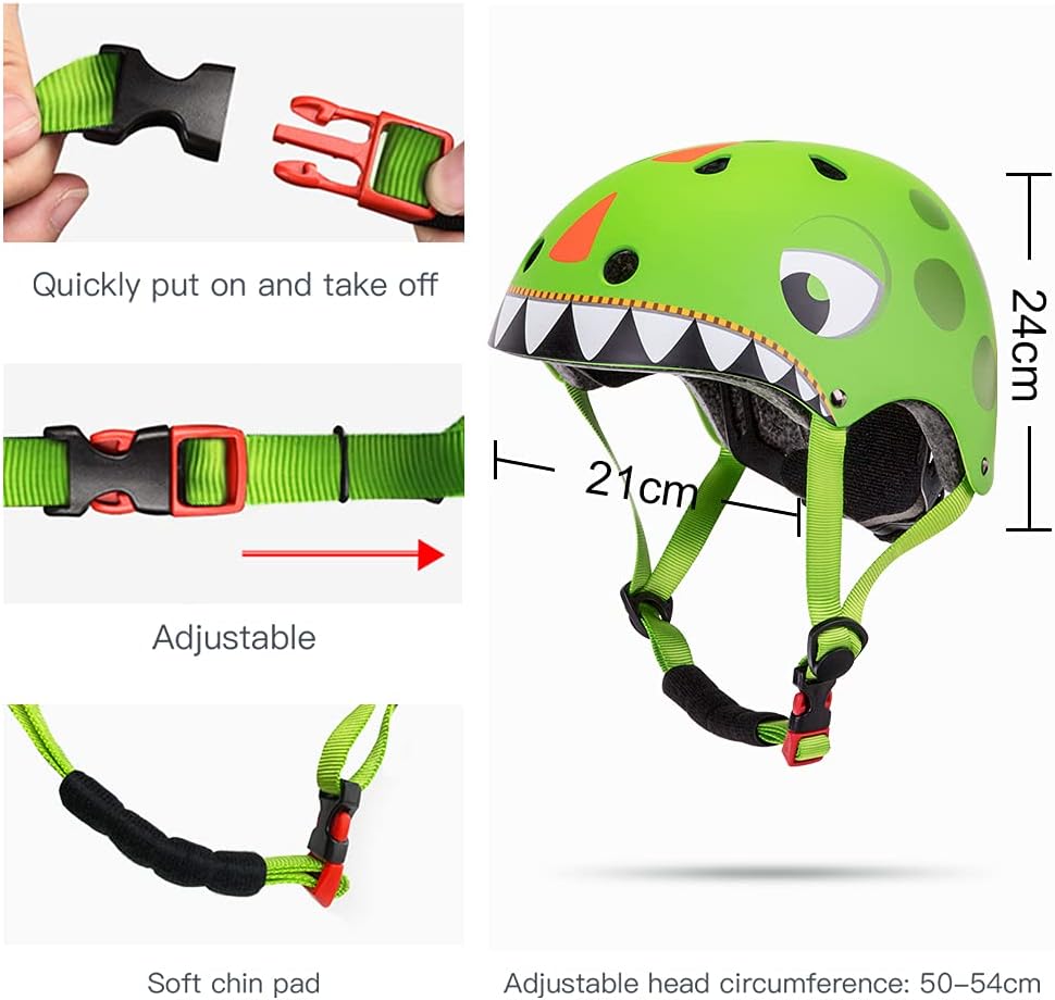 Kinderhelm 2-5 Jahre Leicht Fahrradhelm Verstellbar Skaterhelm für Kinder, 3D Form Cartoon Multi Sport Sportartikel Jungen Mädchen, Durchmesser 51-54 cm Dinosaurier…