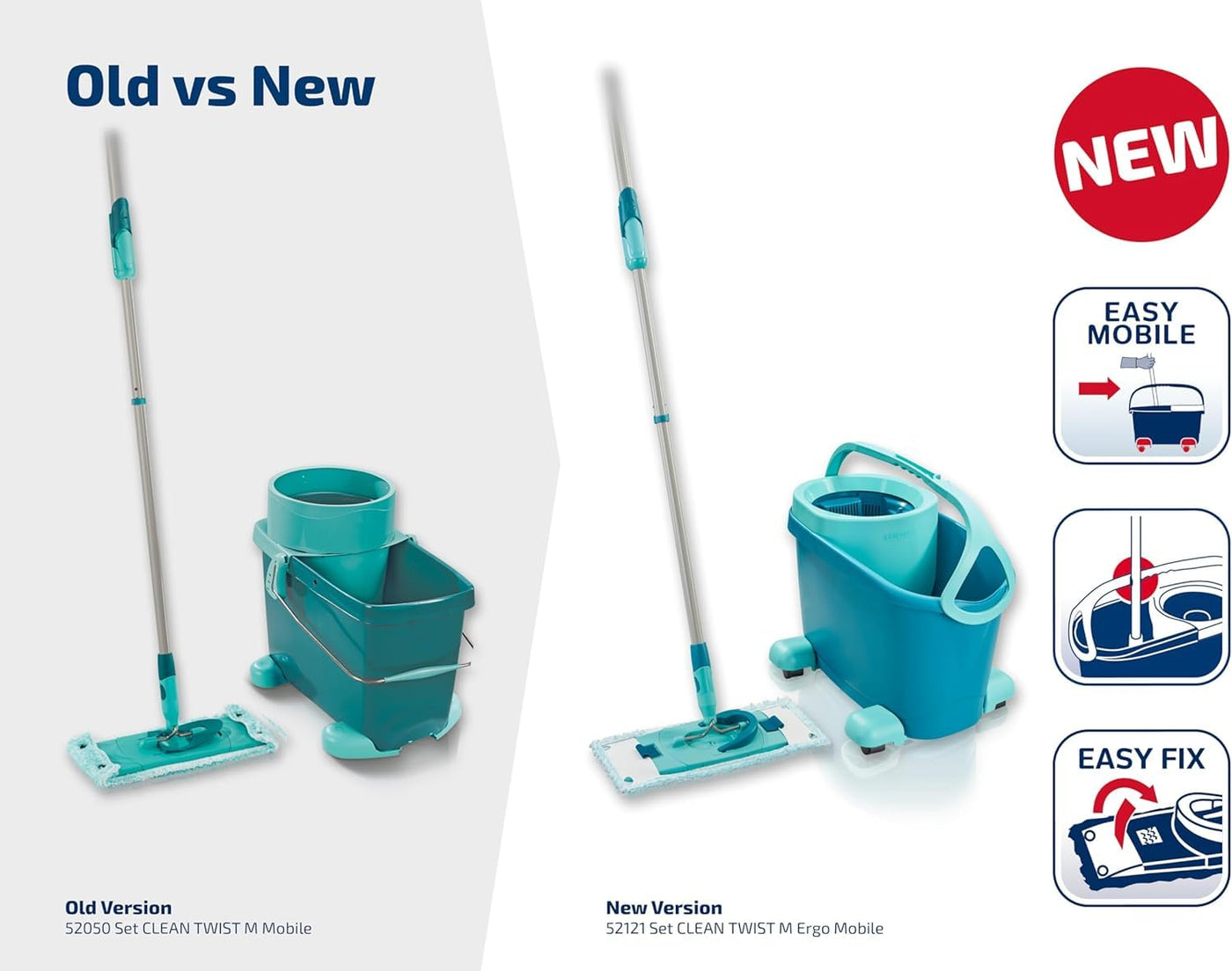 Leifheit Set Clean Twist M Flachwischer Ergo 2.0 mit Rollen, Bodenwischer mit Supersoft Bezug für nebelfeuchte Reinigung auf Parkett, Laminat & Echtholz, Mop mit Click-System und Schleudertechnologie