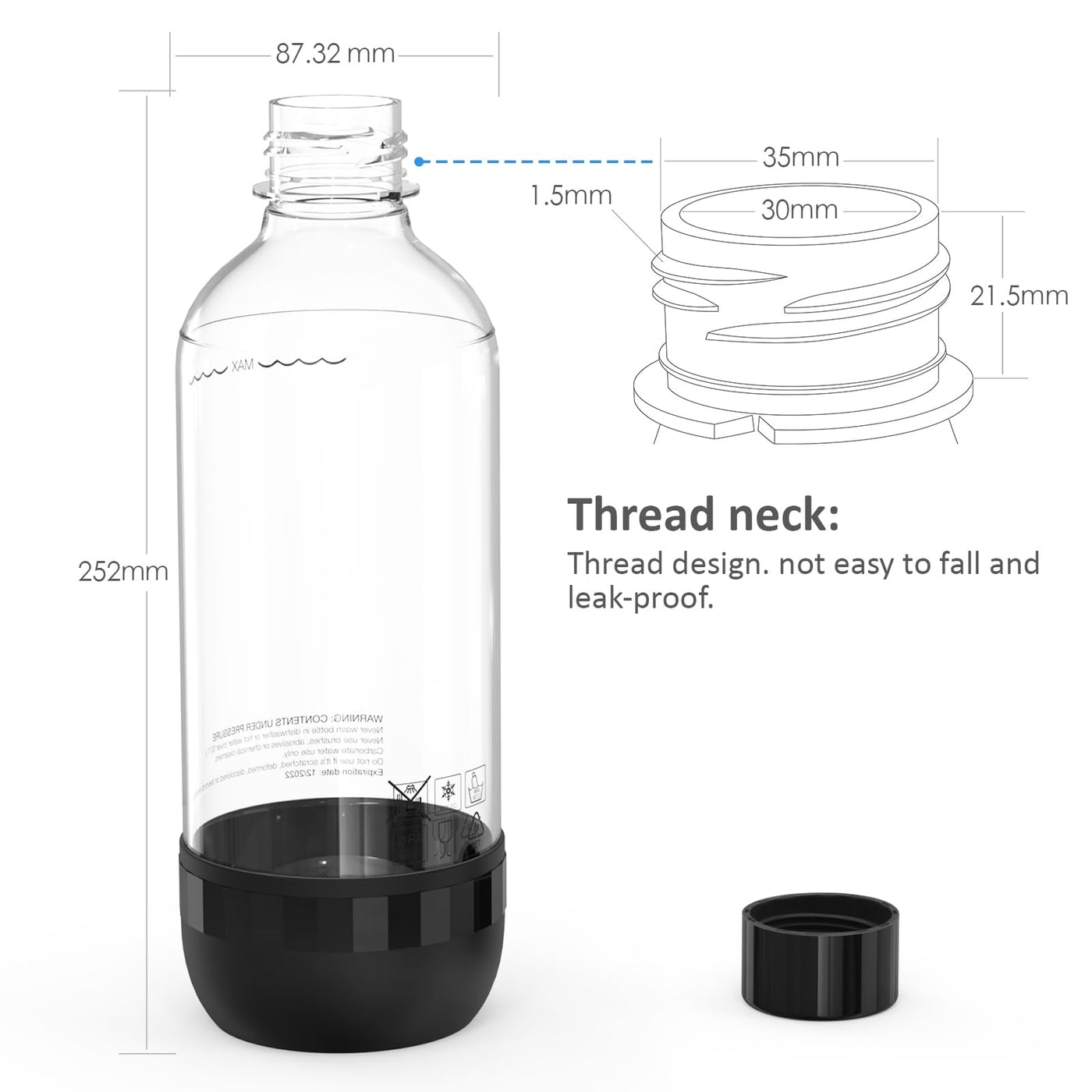 Thorder 2er-Pack Soda-Flaschen - 1L - für Soda-Maschinen - BPA-frei - PET-Kunststoff - auslaufsicheres Gewinde-Design - wiederverwendbar (Schwarz+Weiß)