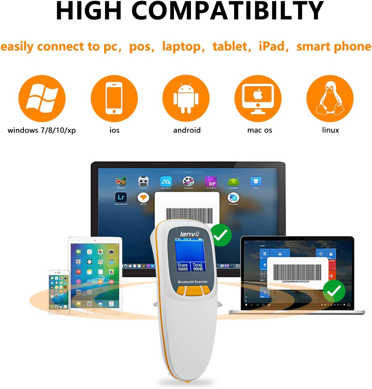 LENVII Mini Wireless Barcode Scanner Bluetooth 3-in-1 Portable Barcode Reader kabellos 1D/2D/QR Code Scanner mit Display Barcode Leser WIN/Android/iOS für Geschäft, Supermarkt, Lager(Weiß)