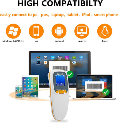 LENVII Mini Wireless Barcode Scanner Bluetooth 3-in-1 Portable Barcode Reader kabellos 1D/2D/QR Code Scanner mit Display Barcode Leser WIN/Android/iOS für Geschäft, Supermarkt, Lager(Weiß)