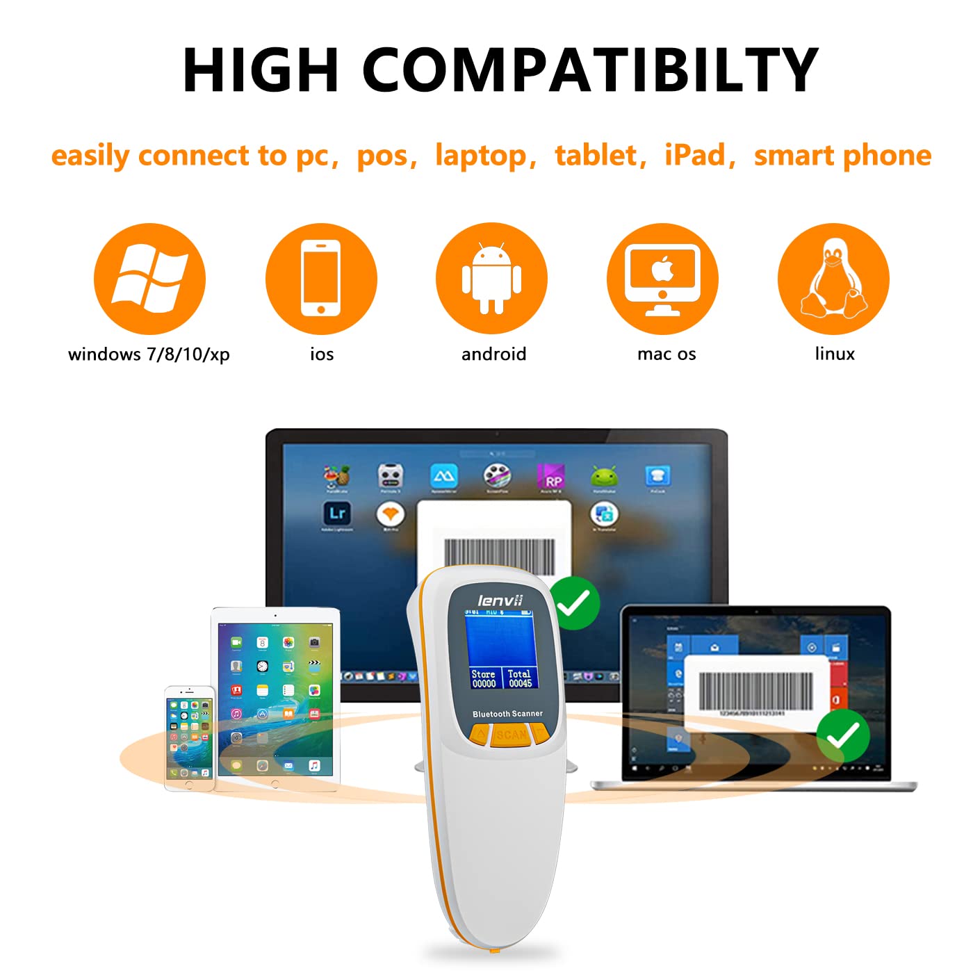 LENVII Mini Wireless Barcode Scanner Bluetooth 3-in-1 Portable Barcode Reader kabellos 1D/2D/QR Code Scanner mit Display Barcode Leser WIN/Android/iOS für Geschäft, Supermarkt, Lager(Weiß)