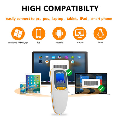 LENVII Mini Wireless Barcode Scanner Bluetooth 3-in-1 Portable Barcode Reader kabellos 1D/2D/QR Code Scanner mit Display Barcode Leser WIN/Android/iOS für Geschäft, Supermarkt, Lager(Weiß)