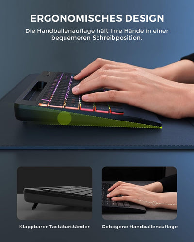 seenda Tastatur Maus Set kabellos beleuchtet, wiederaufladbare USB & Typ C Funktastatur mit Maus mit Handyhalter und Handballenauflage für PC/Windows/Mac, leise Klicken & QWERTZ Layout, Schwarz