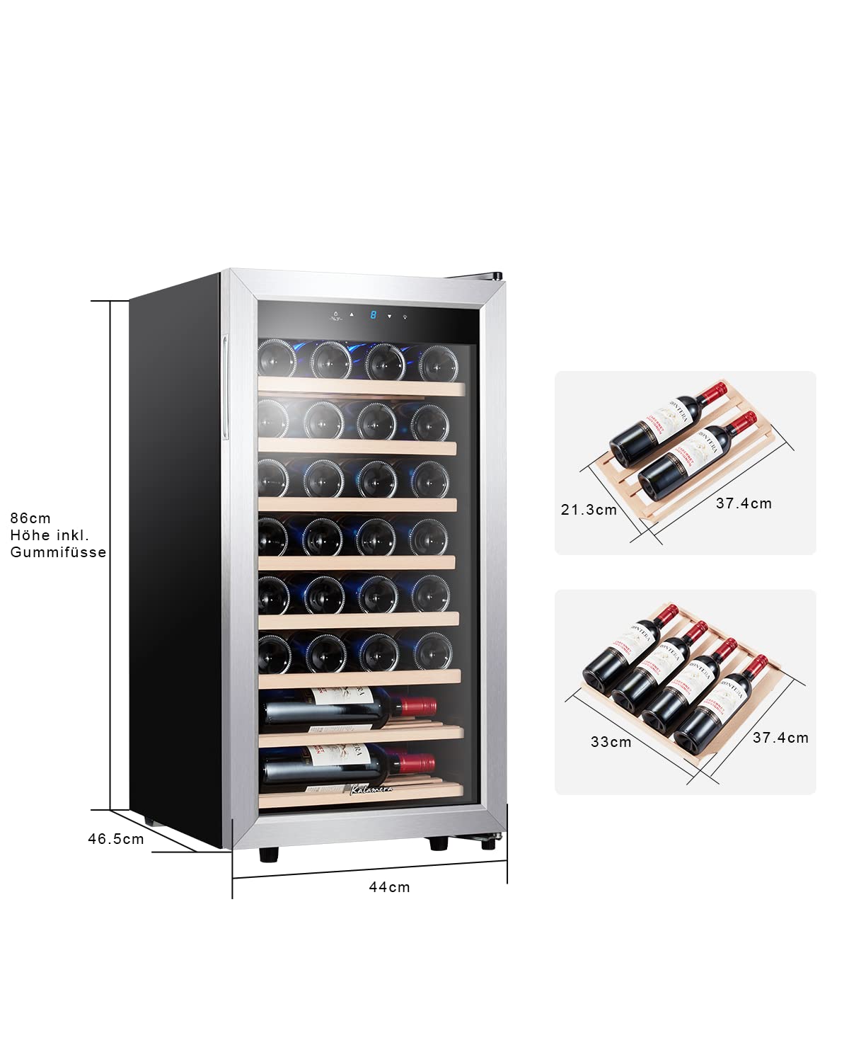 Kalamera Weinkühlschrank, 28 Flaschen 86 Liter, Touch-Bedienfeld, Edelstahl Glastür, 5-18°C Kühlzone, Abnehmbar Holzauflagen, KRC-86FCSS-W