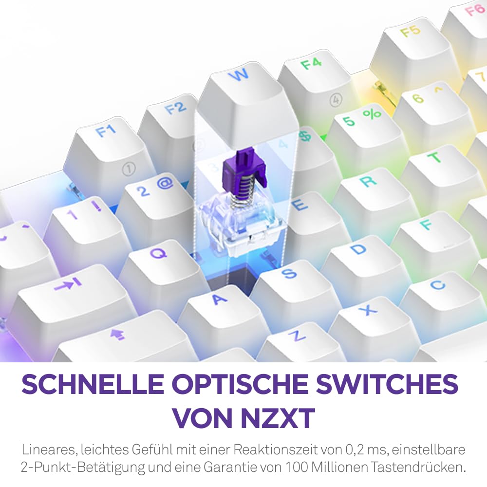 NZXT Function 2-2024 Optische Vollformat Gamingtastatur | RGB beleuchtet | 8K-Abfragerate | Lineare Opt. Switches | Einstellbare Auslösung | Hot-Swap | Gaming Keyboard| Weiß - DE (QWERTZ)