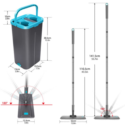 MASTERTOP Wischmopp Set mit Eimer, Bodenwischer Set mit 6 Mikrofaser Wischpads und Edelstahlgriff, 2 in 1 Putzeimer mit Wischmop, Wischer mit Auswringfunktionfür Alle Bodentypen, Grau+Blau