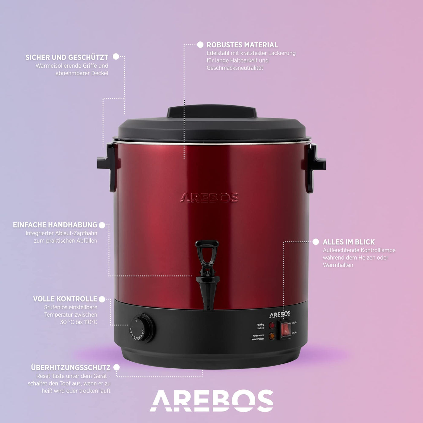 Arebos Einkochautomat 2500 W | Einkochtopf 28 L | mit Thermostat & Überhitzungsschutz | stufenlose Temperatureinstellung 30-110°C | Glühweinkocher | inkl. Einmachglasheber & Einmachtrichter | Weiß