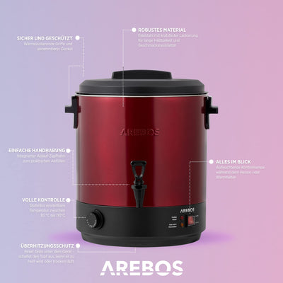Arebos Einkochautomat 2500 W | Einkochtopf 28 L | mit Thermostat & Überhitzungsschutz | stufenlose Temperatureinstellung 30-110°C | Glühweinkocher | inkl. Einmachglasheber & Einmachtrichter | Weiß