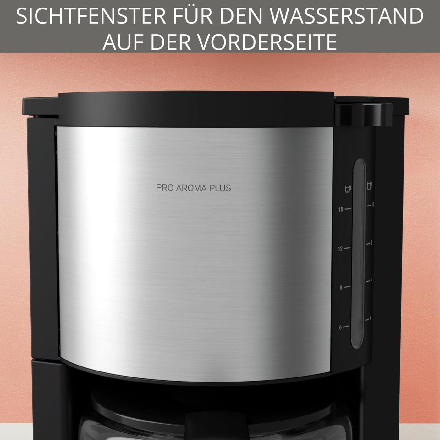 Krups KM3210 Pro Aroma Plus Filterkaffeemaschine | 10 Tassen | 1,25 L | 30-Minuten-Warmhaltefunktion | sichtbares Wasserstands Fenster | Tropfstopp-System | Schwarz mit Edelstahlapplikationen