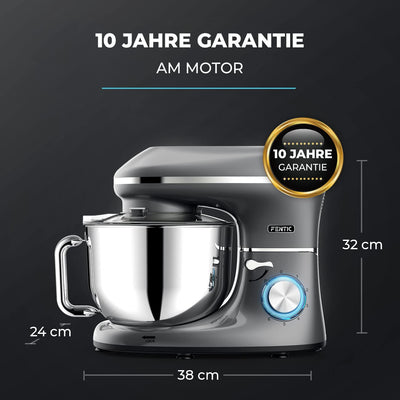 Fentic Küchenmaschine - 2000W - Edelstahl Rührschüssel (6,2 L) - Knetmaschine mit Rührhaken, Knethaken, Schlagbesen und Spritzschutz - Inkl. Schutzhülle und zusätzlichem Zubehör - Anthrazit