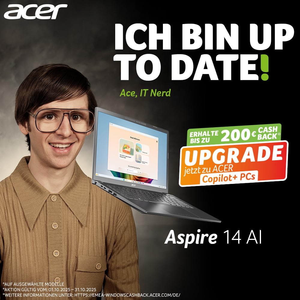 Acer Swift 16 AI OLED (SF16-51-74C3) KI Laptop, Copilot+ PC, 16" WQ2.8K OLED 120Hz Display, Intel Core Ultra 7 256V 16 GB RAM, 1 TB SSD, Intel Arc Grafik 140V, Windows 11, QWERTZ Tastatur