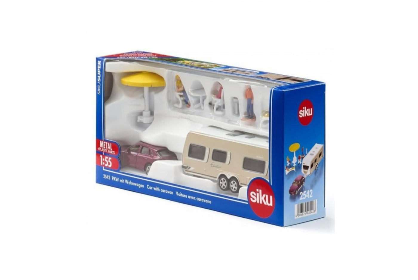 siku 2542, PKW mit Wohnwagen, Figuren und Campingausstattung, 1:55, Metall/Kunststoff, Mehrfarbig