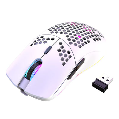 Lancoon Kabellose Gaming Maus, Hohl Geschnitztes Design, Bunt, Wiederaufladbar, Langlebig, 2.4 G 4 Einstellbare 3200-DPI-Stufen, 7 Tasten, Optischer Sensor Für E-Sportb Arbeit(Weiß)