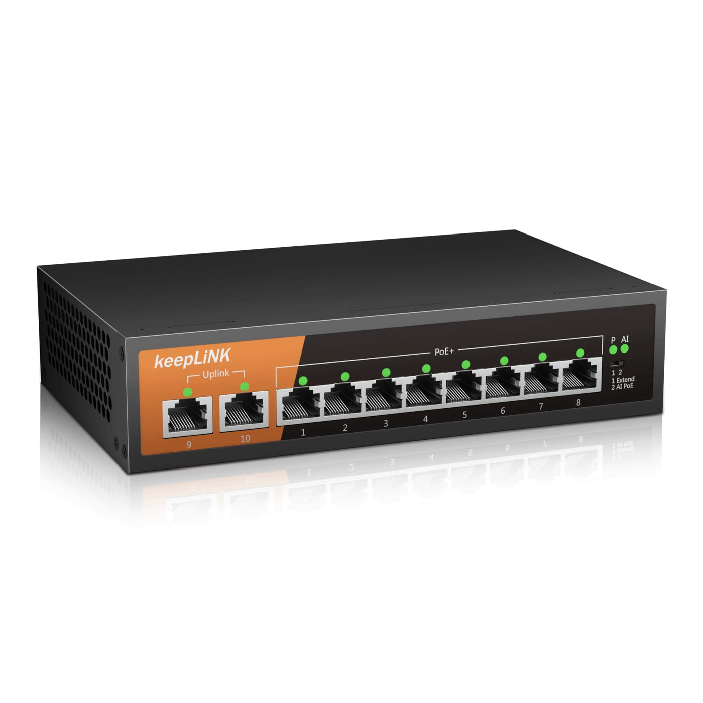 keepLiNK PoE Switch 10-Port Gigabit LAN Switch mit 8 PoE+ Ports, 2 1000Mbps Uplink Ports, 120w Built-in Power Supply, IEEE-802.3af/at PoE, Lüfterlos, Plug-and-Play, Robustes Metallgehäuse
