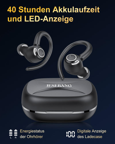 Jesebang Bluetooth Kopfhörer Sport, in Ear Kopfhörer Kabellos Bluetooth 5.3 mit HD Mic, Herausragender Sound, 40 Std Spielzeit, Comfort Fit, Dual LED-Anzeige, IP7 Wasserdicht Ohrhörer mit Ohrhaken