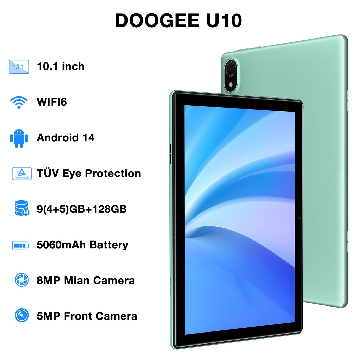 DOOGEE U10 2025 Neueste Tablet 10 Zoll Android 14 Tablet 128GB ROM (1TB TF) 9GB RAM, WIFI6, Widevine L1, BT 5.0, 1280 * 800 IPS HD, OTG, Type C, 5060mAh, 5MP+8MP