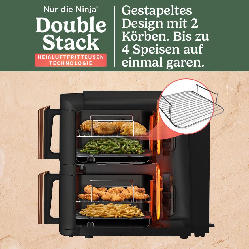 Ninja Double Stack XL Heißluftfritteuse, 2 vertikale Schubladen, 4 Kochstufen, 2 Einschübe, platzsparendes Design, 9,5 L Fassungsvermögen, 6 Funktionen, 8 Portionen, Zange, Schwarz/Kupfer SL400EUCP