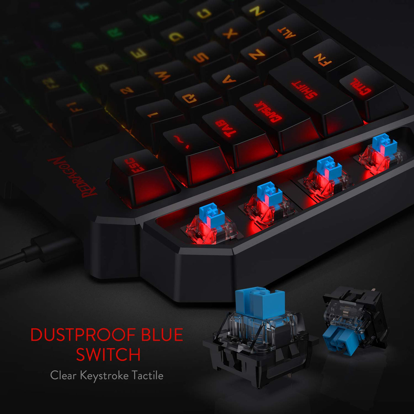Redragon K585 DITI Einhand RGB Mechanische Gaming-Tastatur, Blaue Schalter, Typ-C Professionelle Gaming-Tastatur mit 7 Integrierten Makrotasten, Abnehmbare Handgelenkstütze, 42 Tasten