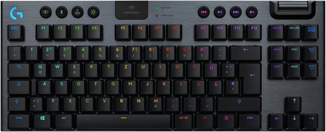Logitech G915 LIGHTSPEED TKL Tenkeyless kabellose mechanische Gaming-Tastatur, Taktiler GL-Tasten-Switch, LIGHTSYNC RGB, Ultraschlankes Design, 40+ Stunden Akkulaufzeit, Deutsches QWERTZ-Layout-Carbon