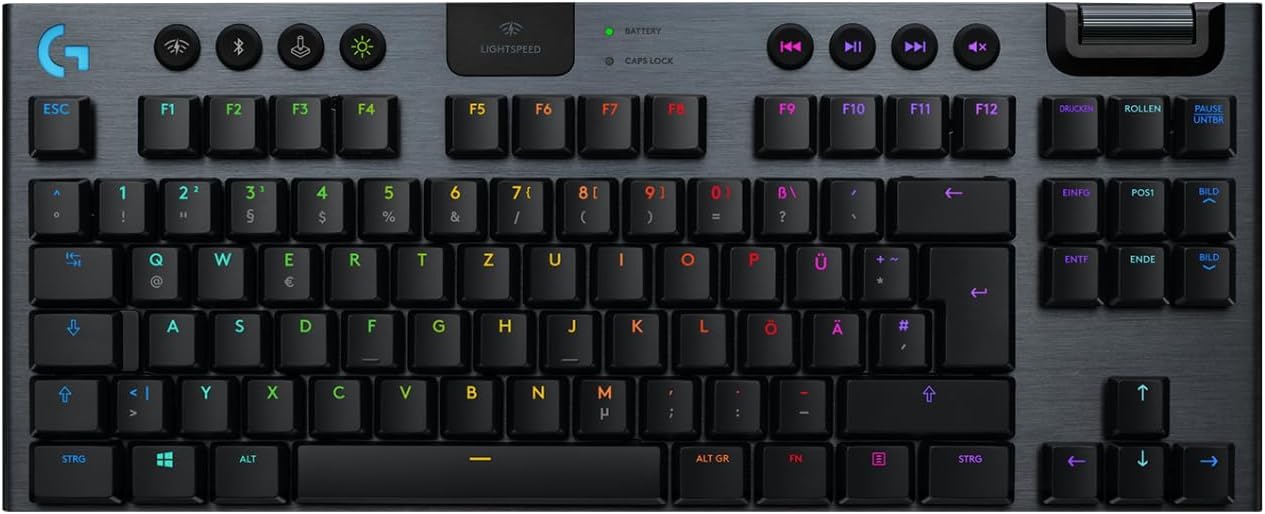 Logitech G915 LIGHTSPEED TKL Tenkeyless kabellose mechanische Gaming-Tastatur, Taktiler GL-Tasten-Switch, LIGHTSYNC RGB, Ultraschlankes Design, 40+ Stunden Akkulaufzeit, Deutsches QWERTZ-Layout-Carbon