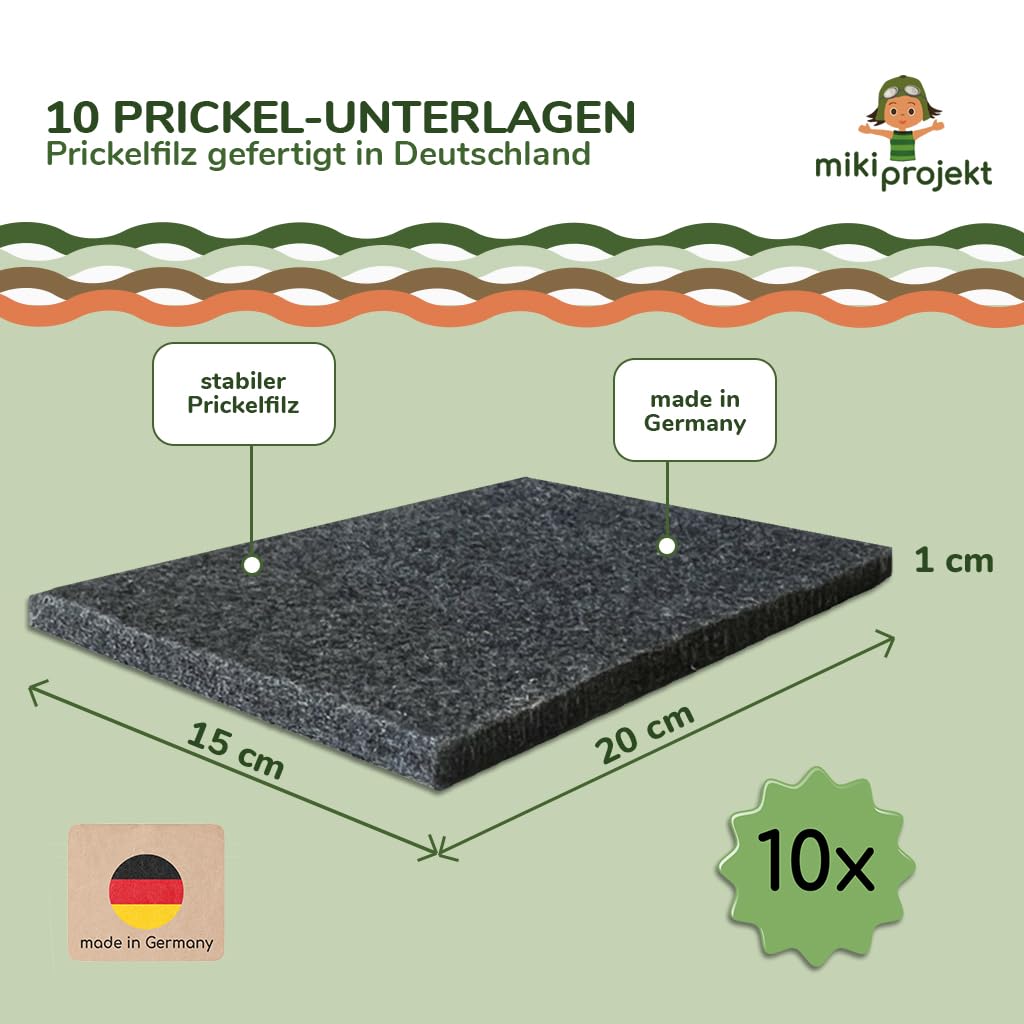 mikiprojekt® 10x Prickel Set Kinder - Made in Germany - 10x ergonomische Prickelnadel Holz + 10x Prickelunterlage Filz (20x15x1 cm) - XXL Prickelset für Gruppen - Vorteilspreis – sicheres Prickeln
