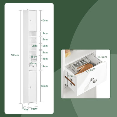 SoBuy BZR34-W Badezimmer Hochschrank mit 5 Fächern Badschrank Badregal mit 1 Schublade und Türen Badmöbel Weiß BHT ca: 20x180x20cm