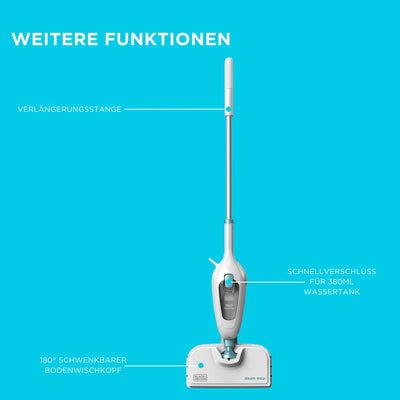 BLACK+DECKER 1300W 10-in-1 Dampfbesen Steam Mop Deluxe (Dampfreiniger für hygienische, gründliche Sauberkeit, großes Zubehörset + herausnehmbares Handdampfgerät, einfache Bedienbarkeit) FSMH13E10