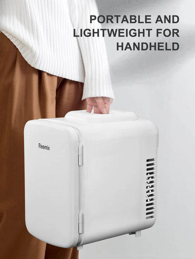 Reemix Mini-Kühlschrank, 4 Liter/6 Dosen, tragbarer Kühler und Wärmer persönlicher Kühlschrank für Hautpflege, Kosmetik, Getränke, Lebensmittel, ideal für Schlafzimmer, Büro, Auto, Freonfrei (Weiß)