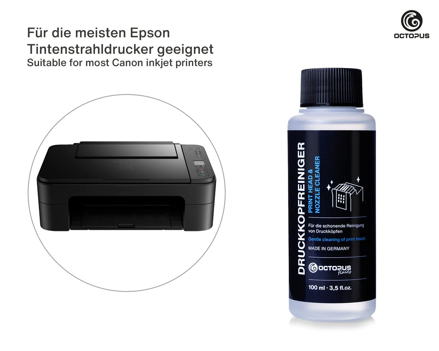 Octopus Düsenreiniger, Druckkopfreiniger kompatibel für Epson Druckköpfe mit Schlauchadaptern (100 ml)